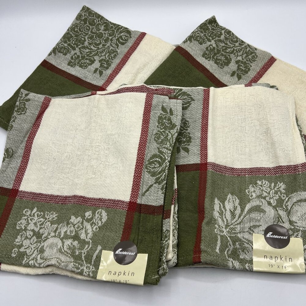 Fieldcrest Cotton Napkins Fruit Mosaic 4 Pc Set 19x19 Cloth Green Floral NWT